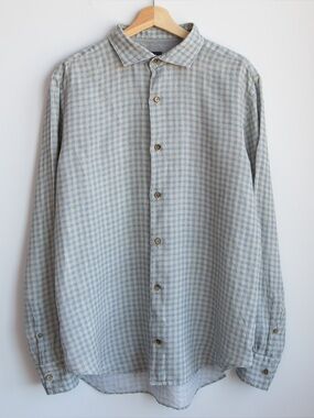 Eleventy Milano 100% Linen Gingham Shirt Made in Italy Size 44 XL